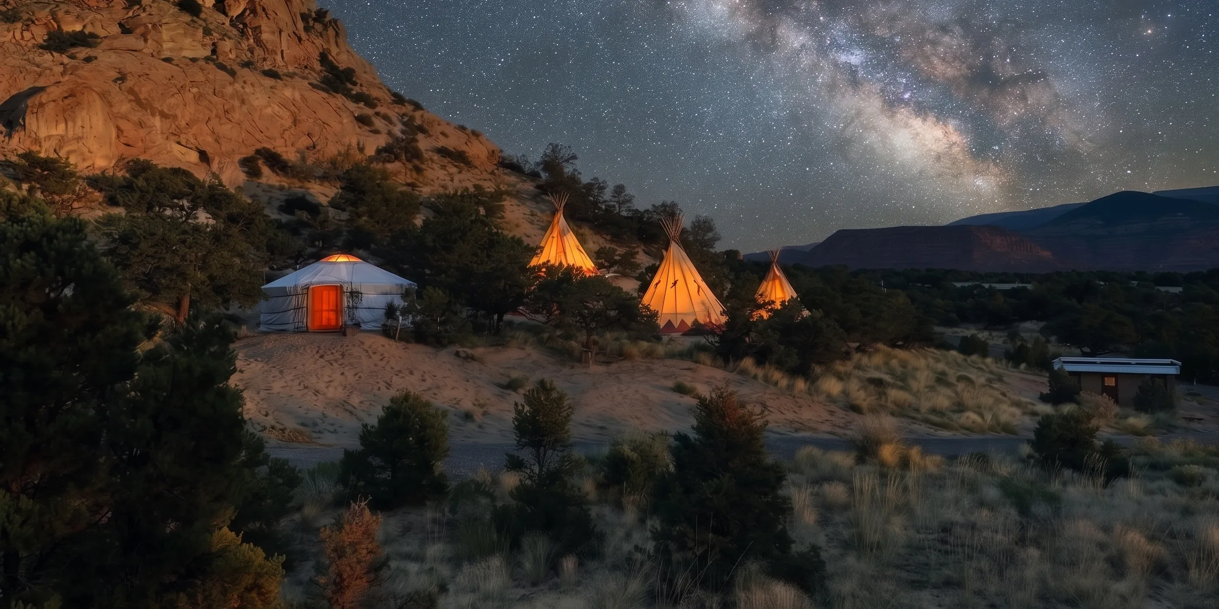 The same yurt and tipis glowing softly under the Milky Way on a moonless night near Capitol Reef National Park, a certified International Dark Sky Park